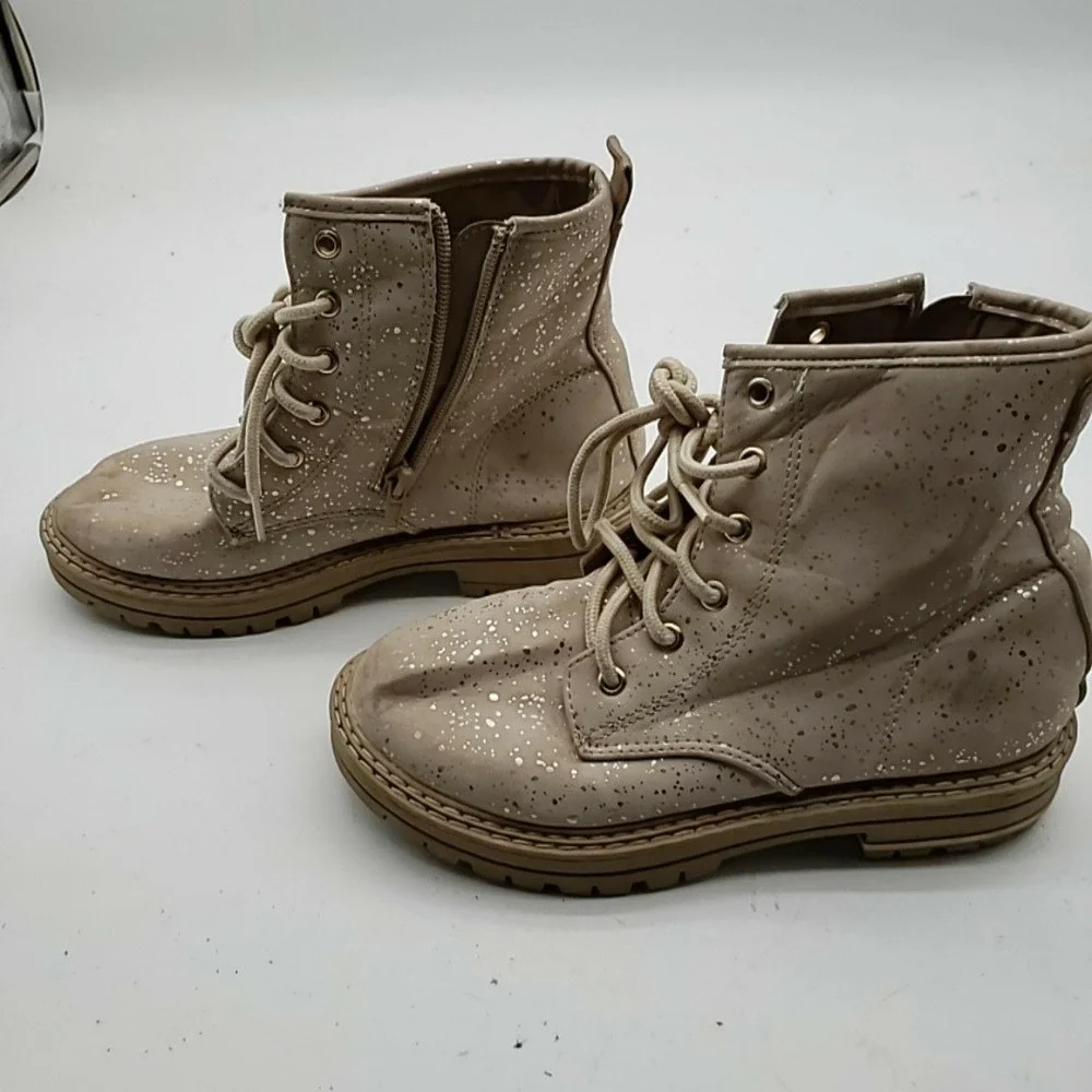 Elia Shoes Kids Size 3 Beige Speckled Combat Ankle Boots Lace Up Zip Lined